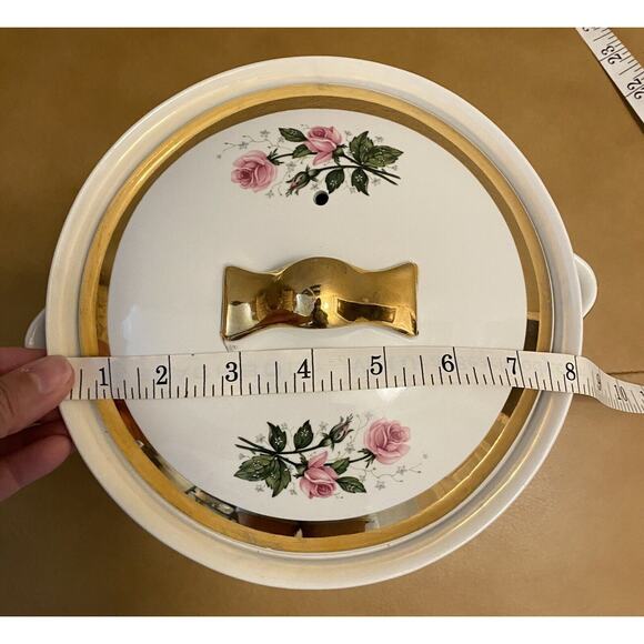 Hall China Flare Ware Rose Pattern Vintage Serving Bowl With Lid Rare Gold Trim - Picture 9 of 9